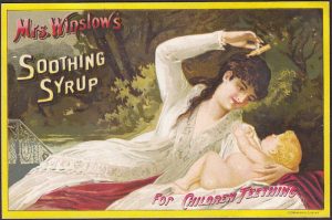 Mrs Winslow Teething Baby Tooth bottle old 1887 Calendar Advertising Trade Card