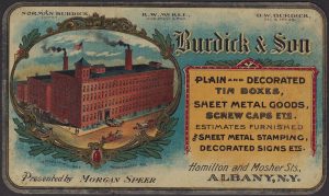Burdick & Son Lithographers Metal Advertising Cards 2x Factory View Tin Printers