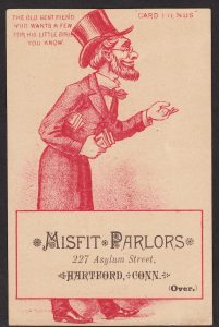 Old Gentleman card fiend with a hand out to collect Victorian advertising trade cards.