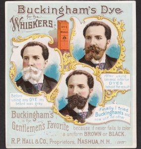 BEFORE, DURING, and AFTER trade card images on a beard color trade card.
