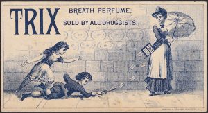 Sales representative for TRIX "Breath Perfume" passing out free cards to kids.