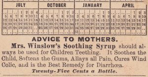 Reverse side of a Mrs Winslow Teething Baby Tooth Cure bottle 1885 Calendar Advertising Trade Card