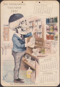 Classic Antikamnia Skeleton Calendar Card, 1901 Drugstore Scene, apothecary jars, medicine tins, cure bottles and jars, etc.