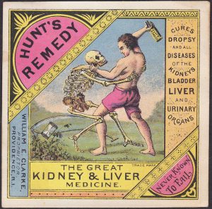 A Hunt's Remedy Trade Card showing the Grim Reaper and Death Skeleton beaten back by a man swinging a cure bottle.