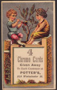 This Victorian trade card promises: "4 Chromo Cards Given Away to Each Customer...."