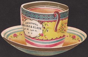 Novelty die-cut card in the shape of a tea cup and saucer.